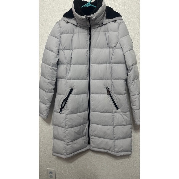 Andrew Marc Stretch Light Gray Hooded Puffer Parka Coat Faux Fur Collar Womens M